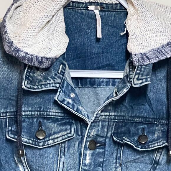 Free People Mixed Media Space Dye Knit Hooded Denim Jean Jacket Blue Size XS - Picture 6 of 10